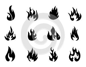 Fire icons set vector. Silhouette flame sign. Campfire burns in flat style. Explosion, fire, danger isolated symbols