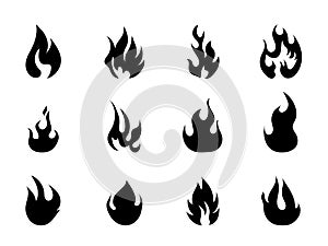 Fire icons set vector. Silhouette flame sign. Campfire burns in flat style. Explosion, fire, danger isolated symbols