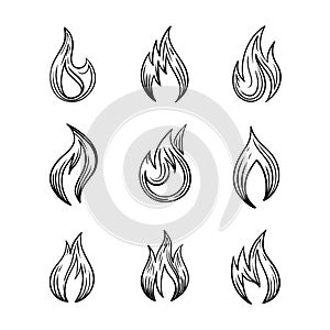 Fire icons with and spurts of flame Vector set of monochrome signs in ink hand drawing sketching style for tattoo or