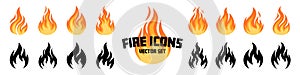 Fire icons vector set. Flat and silhouette icons