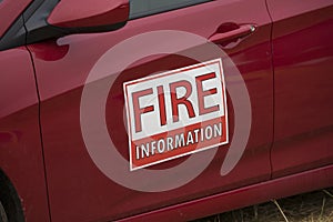 Fire Information magnet sign on a vehicle managing the Terwilliger Fire in the Willamette National Forest.