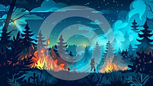 Fire landing page with burning forest and fireman at night in modern format. Cartoon illustration of firefighter