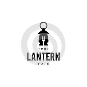 Fire lantern and fork, simple modern restaurant cafe logo , lantern with fork as a door icon design isolated on white background,