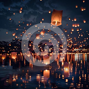 Fire Lanterns floating with night background