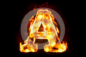 Fire letter A of burning flame light, 3D rendering