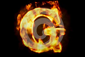 Fire letter G of burning flame light, 3D rendering
