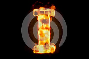 Fire letter I of burning flame light, 3D rendering