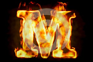 Fire letter M of burning flame light, 3D rendering
