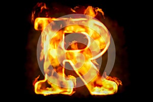 Fire letter R of burning flame light, 3D rendering