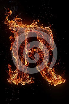 Fire letter R made of burning letters on black background