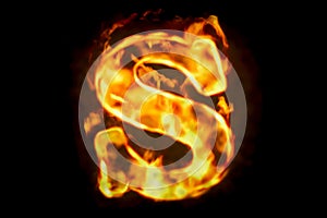 Fire letter S of burning flame light, 3D rendering