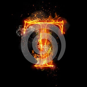 Fire letter T of burning flame light