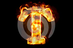 Fire letter T of burning flame light, 3D rendering