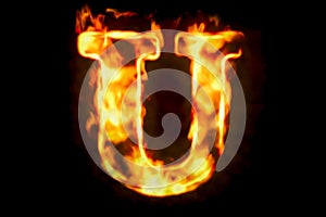 Fire letter U of burning flame light, 3D rendering