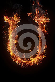 Fire letter U made of burning letters on black background