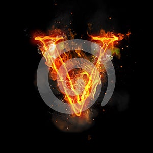 Fire letter V of burning flame light