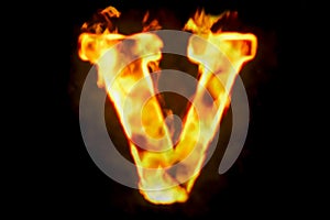 Fire letter V of burning flame light, 3D rendering