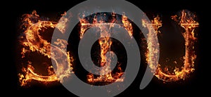 Fire letters STU font alphabet made of burning letters on black background