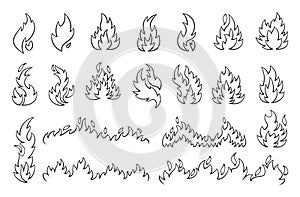 Fire line. Outline symbols set. Burning bonfire, isolated decorative elements and borders. Danger flaming, chili and bbq