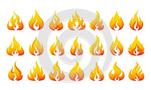 Fire logo. Colorful red and orange burning flame. Hot temperature and flammable warning. Blaze elements. Ignition and combustion.