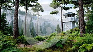 Fire lookout tower standing in misty pine forest