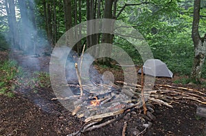 A fire made of damp firewood smokes. Foggy morning in camp of tourists. Gray tourist tent at the edge of the forest