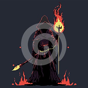 Fire mage vector illustration. Dark wizard. Fairytale sorcerer casting and firing a spell