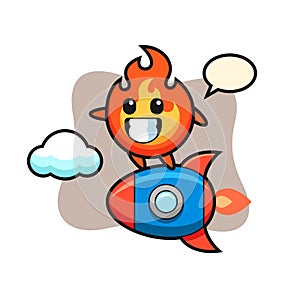 Fire mascot character riding a rocket