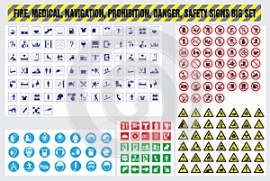 Fire medical navigation prohibition danger safety signs set