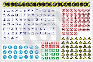 Fire medical navigation prohibition danger safety signs set photo