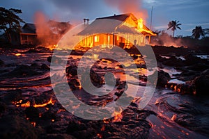 Fire meets water: Burning house reflected in the water at dusk.