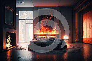 Fire In The Modern Bedroom. Generative AI