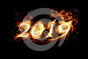 Fire numbers 2019 of smoke on a black background with sparks