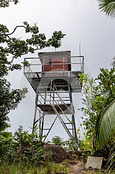 Fire observation tower built at the top of Mont Azore Fond Azore, on Glacis Noire nature trail, Seychelles.
