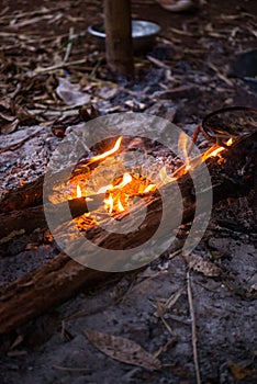 Fire in outdoors fire pit - Camp fire.