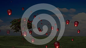 Fire paper lanterns in the night sky with nice background