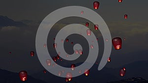 Fire paper lanterns in the night sky with nice background