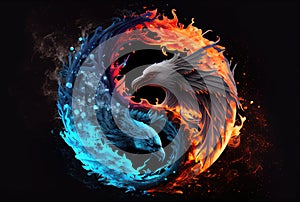 Fire Phoenix and Ice Dragon in the Yin and Yang on dark background. Abstract and Contrast symbol concept. Generative AI