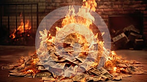 Fire Pile Of Dollars In A Symbolic Scene Of Money Burning Away Into Oblivion. Generative AI photo