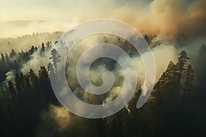 Fire in a pine forest, smoke, natural disaster, arial view