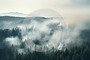 Fire in a pine forest, smoke, natural disaster, arial view