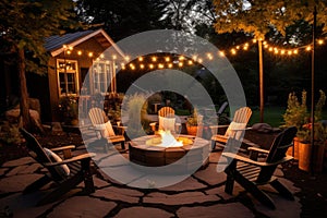 fire pit area with chairs and string lights setup