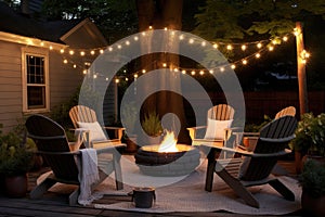 fire pit area with chairs and string lights setup