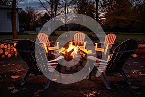 fire pit with burning wood, surrounded by chairs