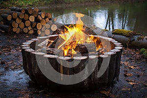 fire pit with burnt logs and scattered ashes