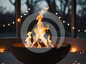 Fire pit with glowing flames and string lights.