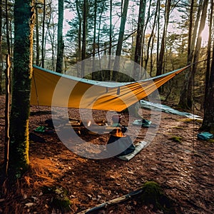 Fire pit set up in a hammock camping photo