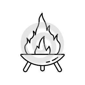 Fire Pit on three legs. Symbol of making campfire outdoors and traveling. Diwali festival icon. Line art round bonfire bowl. Black