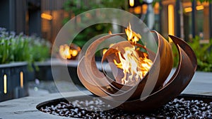 The fire pits warm glow adds an inviting touch to the cool and contemporary design of the sculptures that encircle it photo