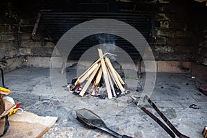 Fire place with arranged wood for barbeque